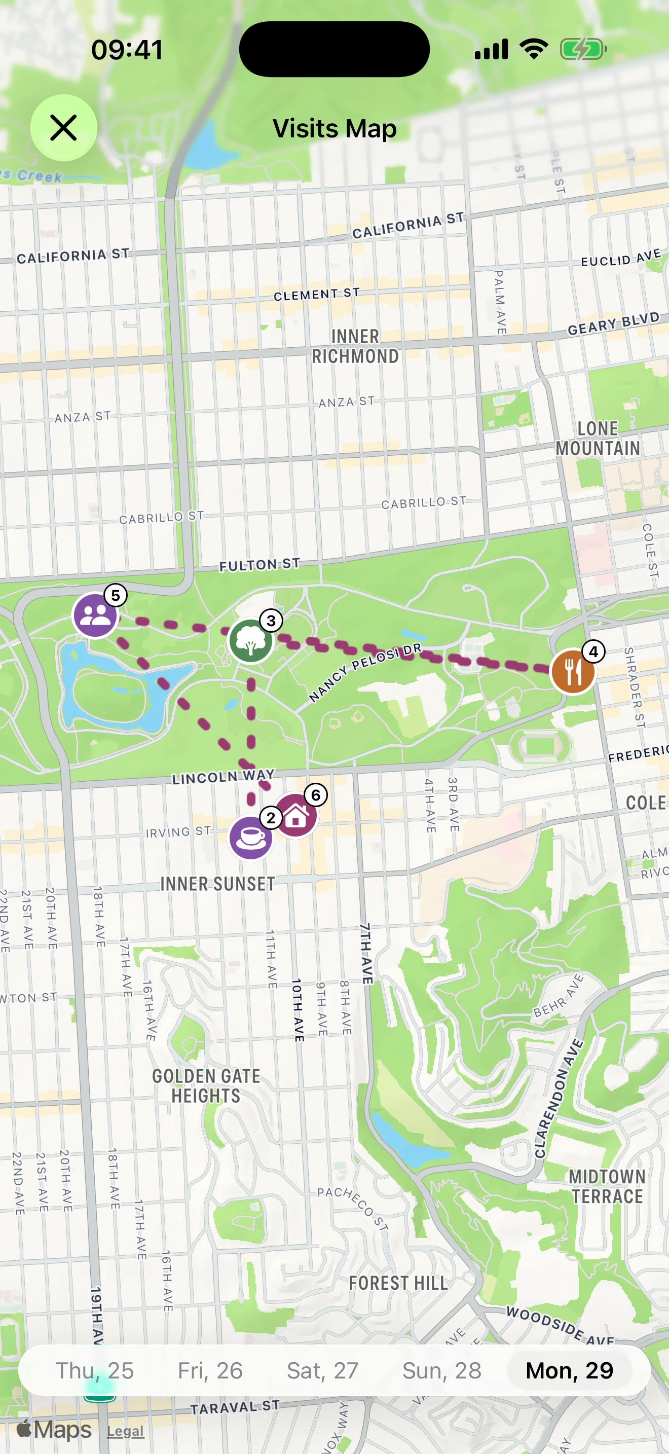A day's visits in Locatale connected by a dotted route across a city map.
