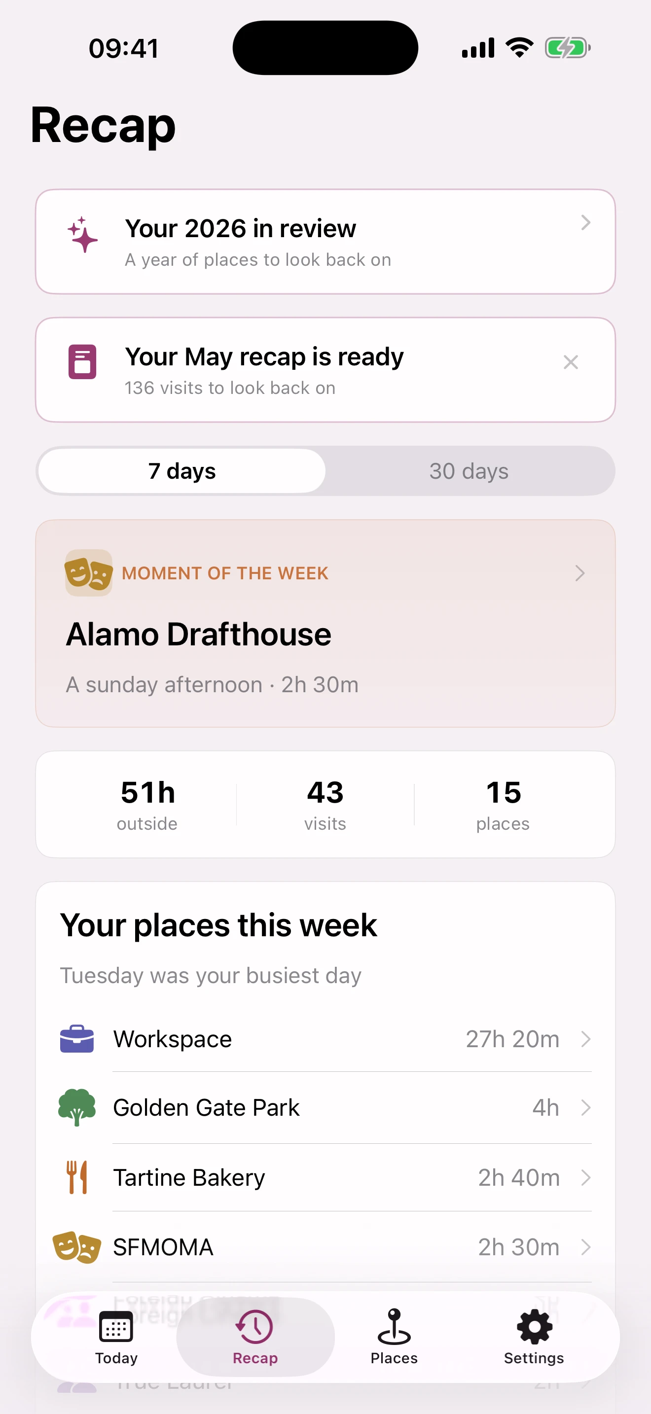 Locatale's Recap screen: a monthly recap, the moment of the week, and the places where the week's time went.