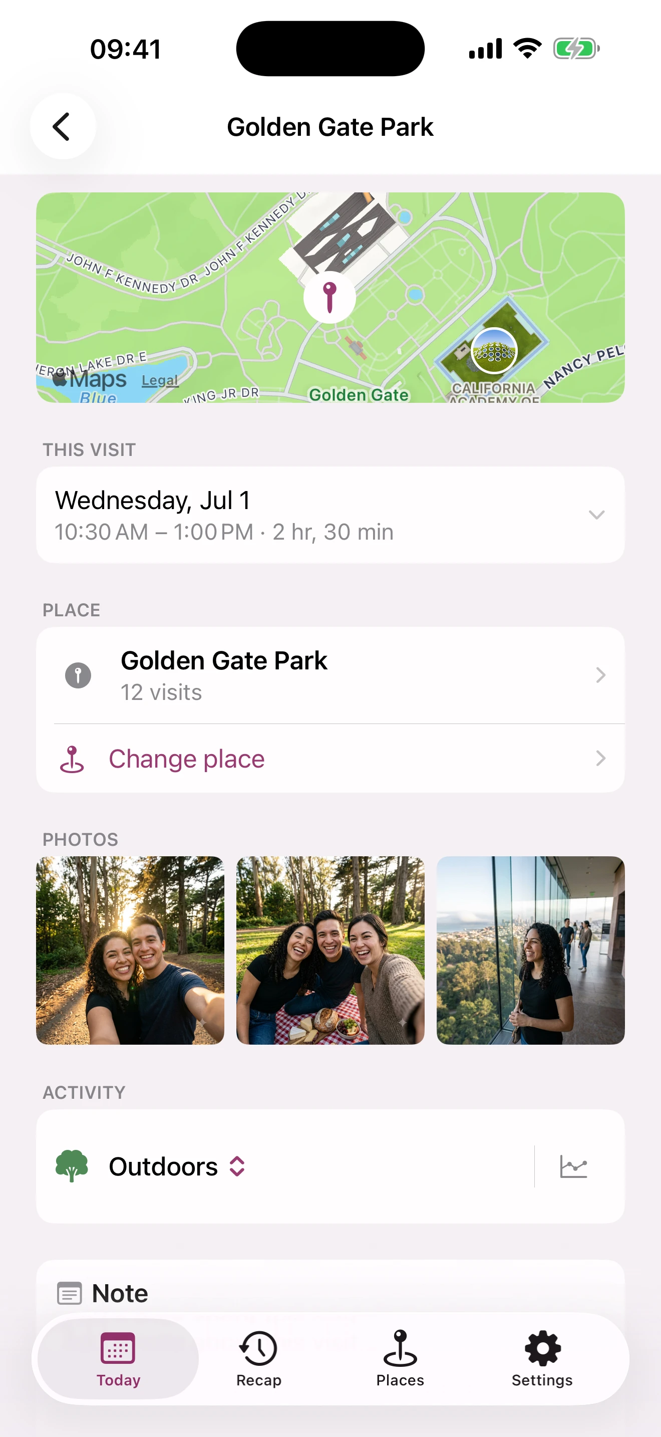 A visit to Golden Gate Park in Locatale: a map, arrival and departure times, and photos taken during the visit.